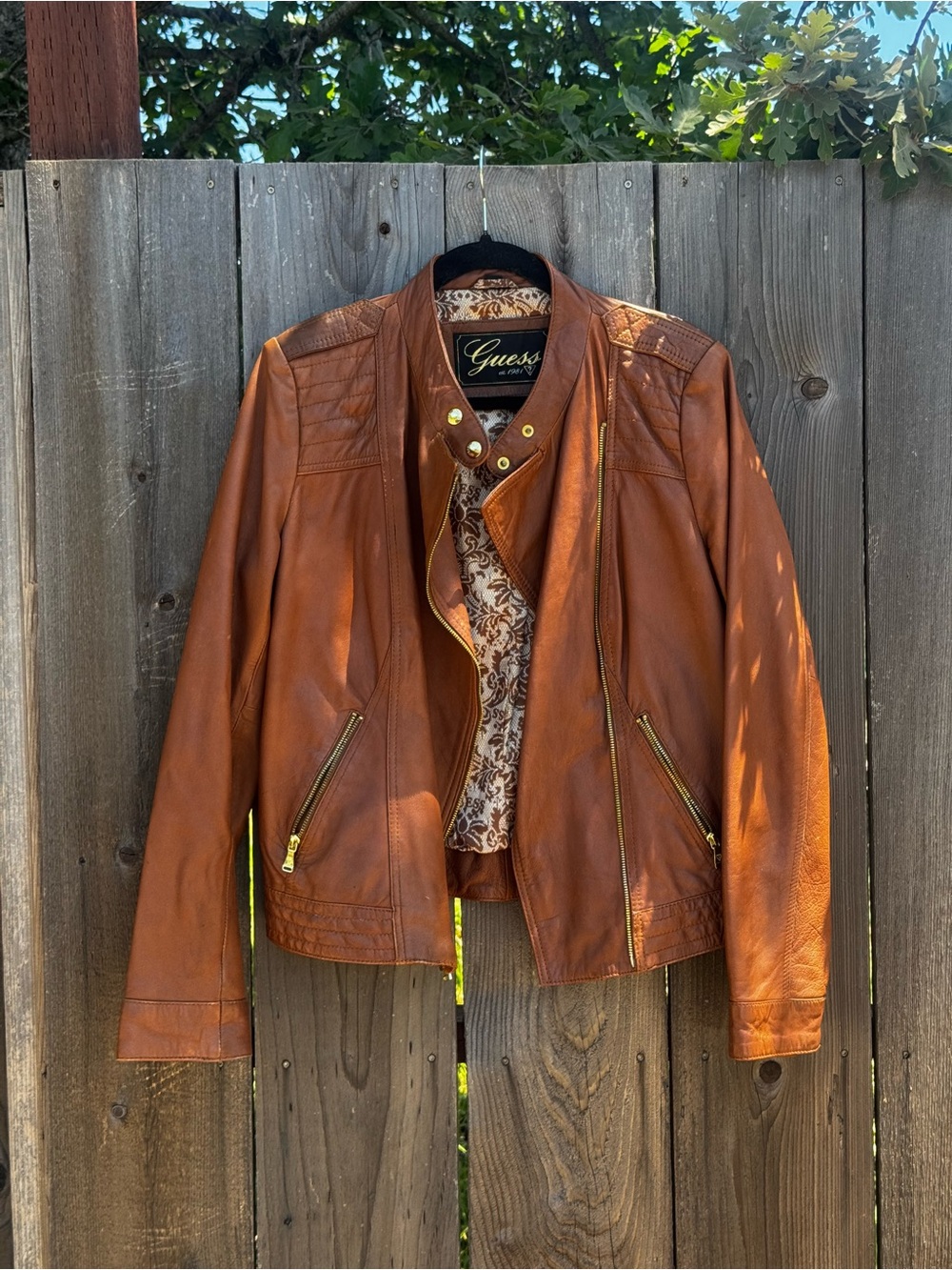 Guess Women's Leather Moto Jacket with Gold Hardware
